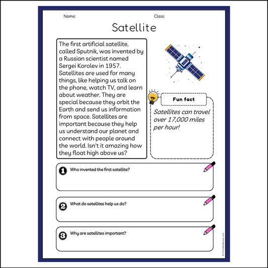 Satellite | Reading Passage Comprehension Questions Writing Facts Worksheet