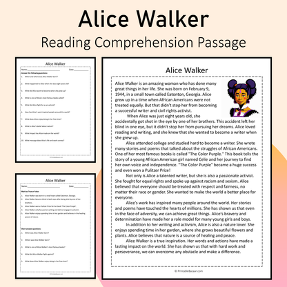 Alice Walker | Reading Comprehension Passage Printable Activity