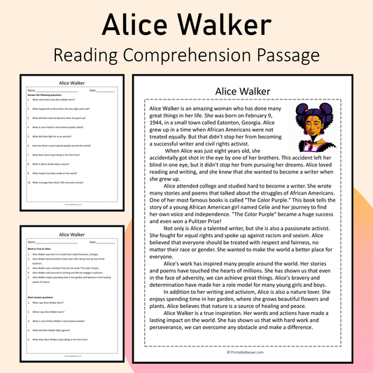Alice Walker | Reading Comprehension Passage Printable Activity