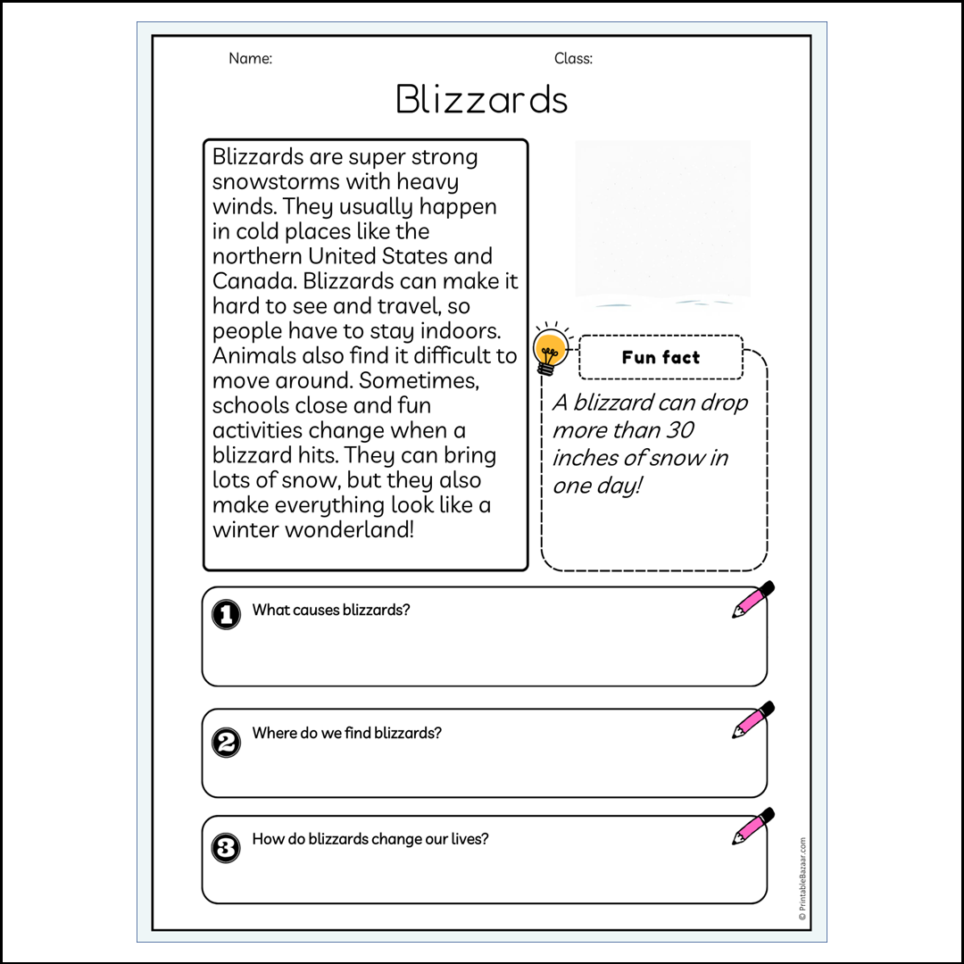 Blizzards | Reading Passage Comprehension Questions Writing Facts Worksheet