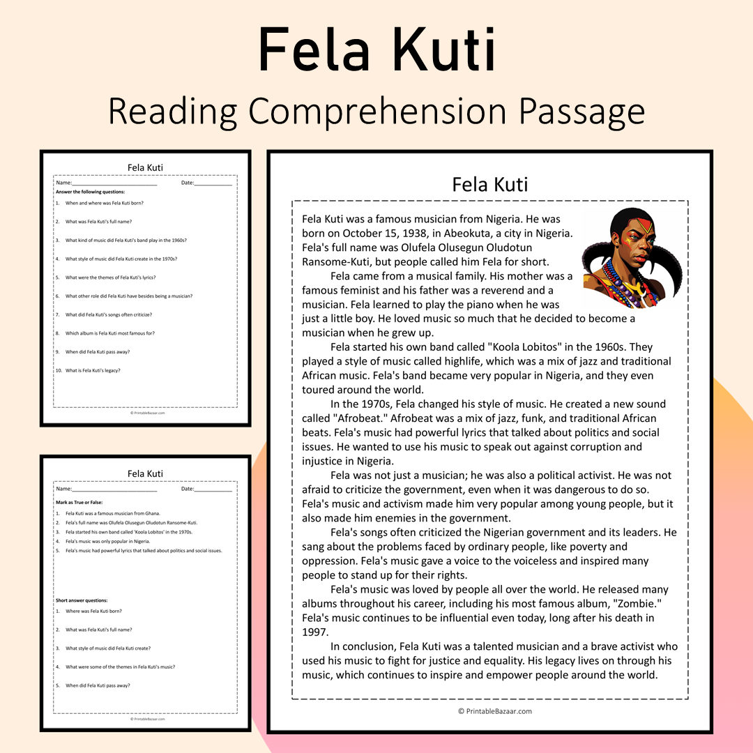 Fela Kuti | Reading Comprehension Passage Printable Activity
