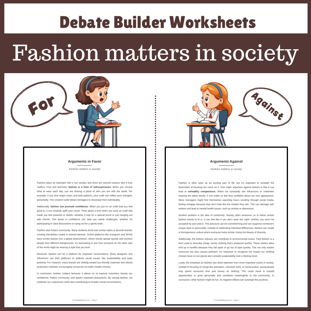 Fashion matters in society | Favour and Against Worksheet Printable Activity