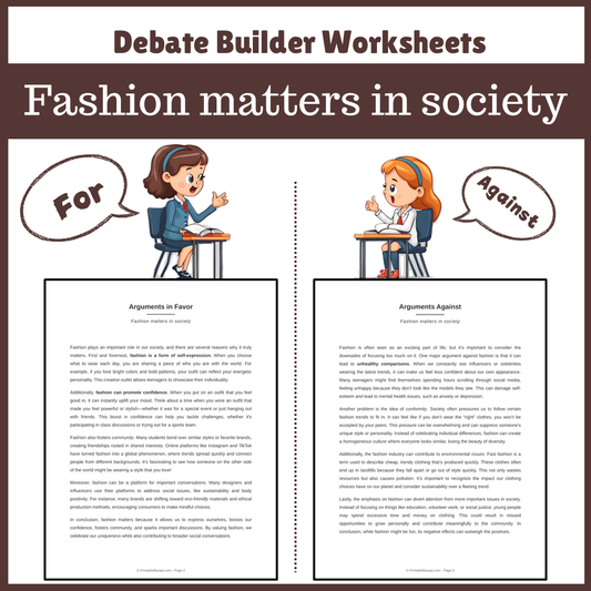 Fashion matters in society | Favour and Against Worksheet Printable Activity