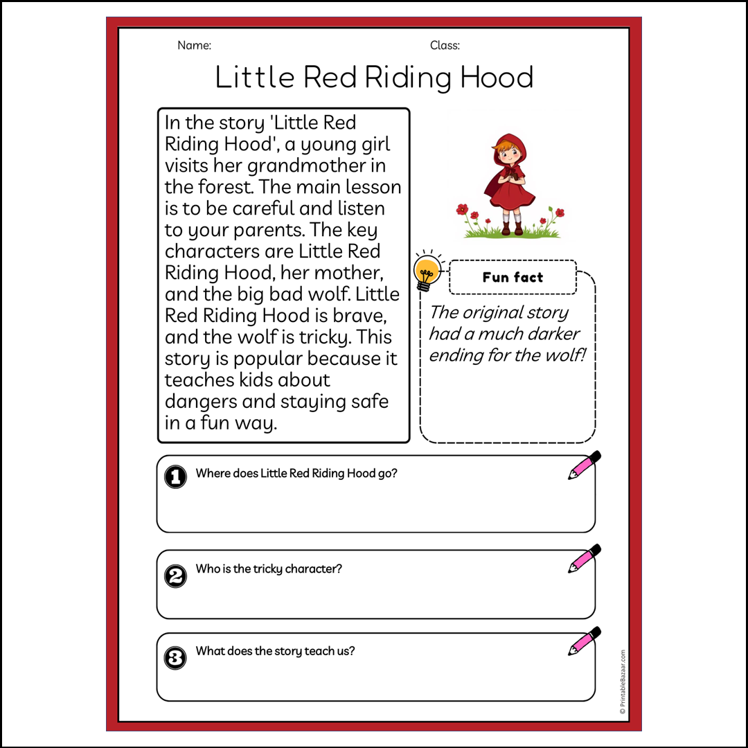 Little Red Riding Hood | Reading Passage Comprehension Questions Writing Facts Worksheet