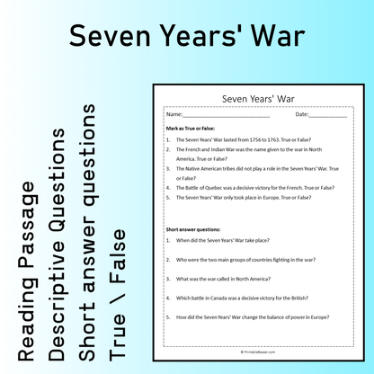 Seven Years' War | Reading Comprehension Passage Printable Worksheet