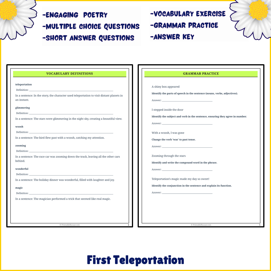 First Teleportation | Poem Grammar Worksheet Printable Activity