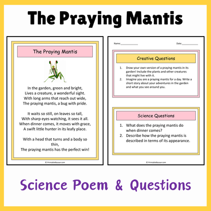 The Praying Mantis | Science Poem Reading Comprehension Activity