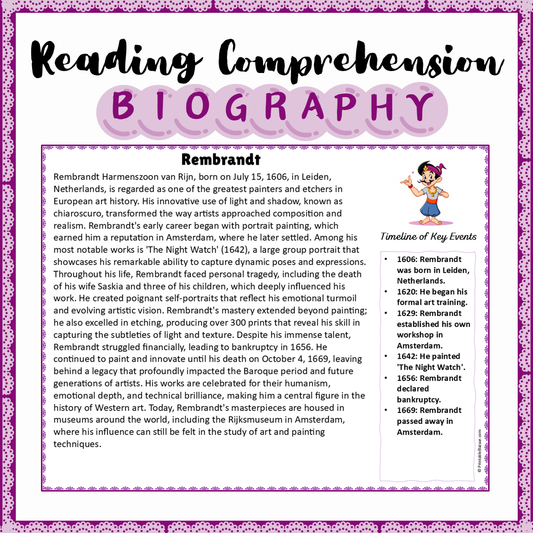 Rembrandt | Biography Reading Comprehension and Questions Worksheet
