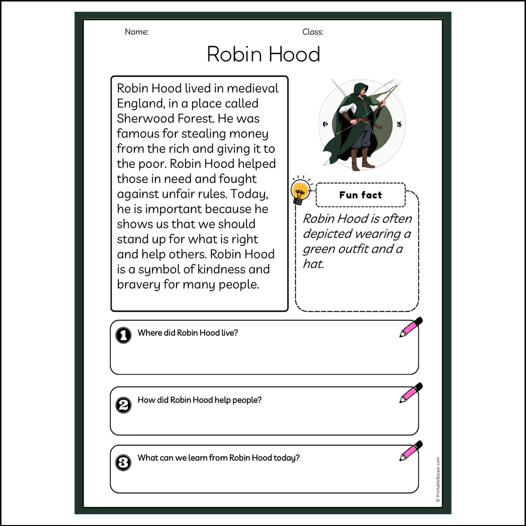 Robin Hood | Reading Passage Comprehension Questions Writing Facts Worksheet