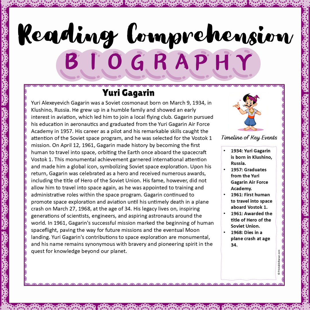 Yuri Gagarin | Biography Reading Comprehension and Questions Worksheet