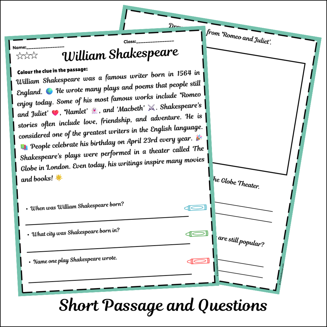 William Shakespeare | Short Reading Comprehension Creative Worksheet