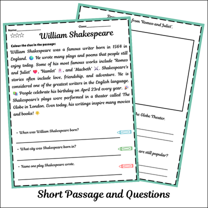 William Shakespeare | Short Reading Comprehension Creative Worksheet