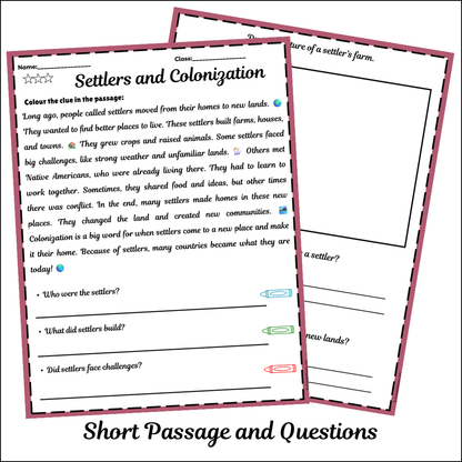 Settlers and Colonization | Short Reading Comprehension Creative Worksheet