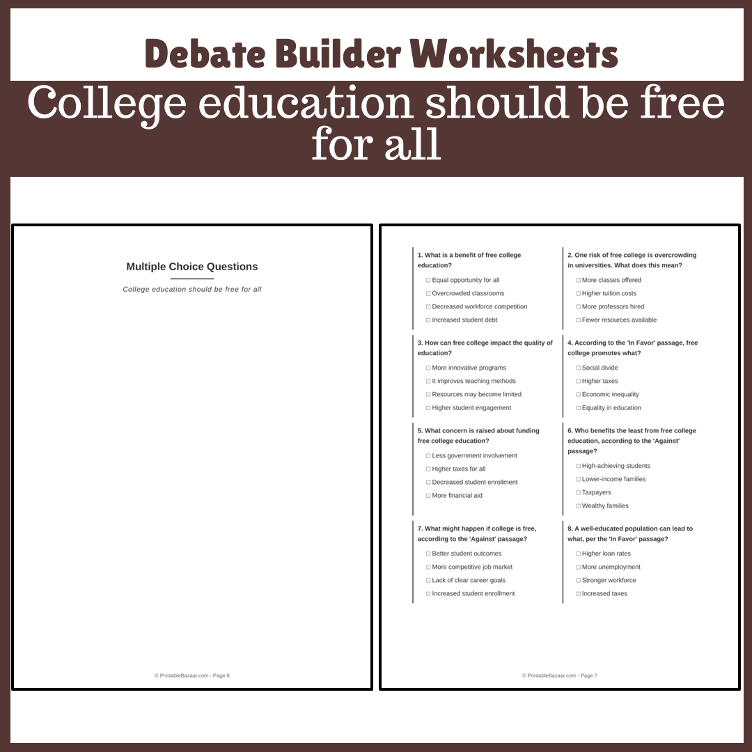 College education should be free for all | Favour and Against Worksheet Printable Activity