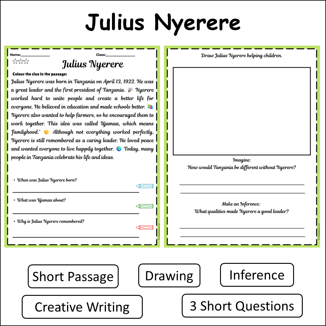 Julius Nyerere | Short Reading Comprehension Creative Worksheet