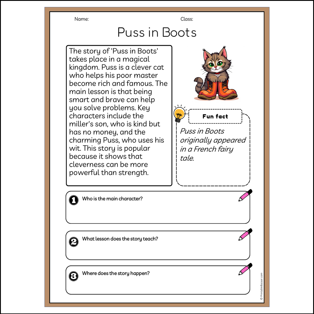 Puss in Boots | Reading Passage Comprehension Questions Writing Facts Worksheet