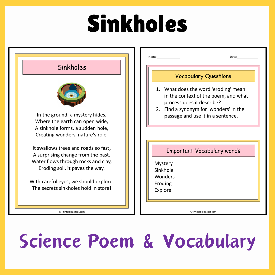 Sinkholes | Science Poem Reading Comprehension Activity