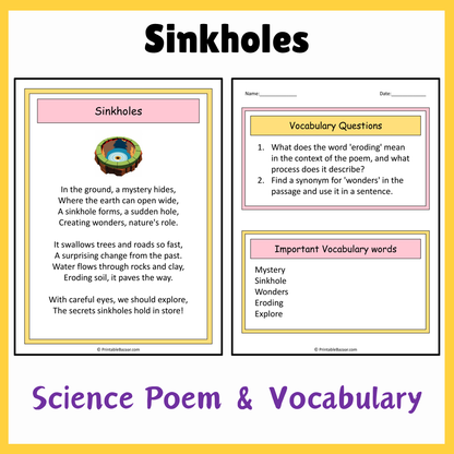 Sinkholes | Science Poem Reading Comprehension Activity