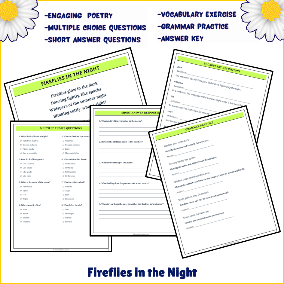 Fireflies in the Night | Poem Grammar Worksheet Printable Activity