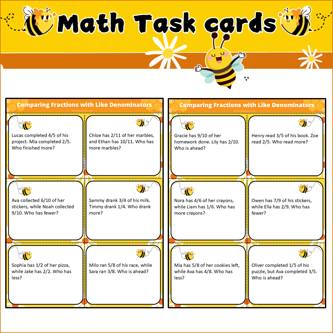 Comparing Fractions with Like Denominators | Math Task Cards