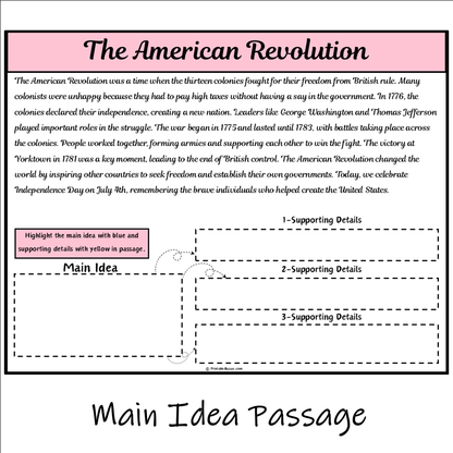 The American Revolution | Main Idea and Supporting Details Reading Passage and Questions