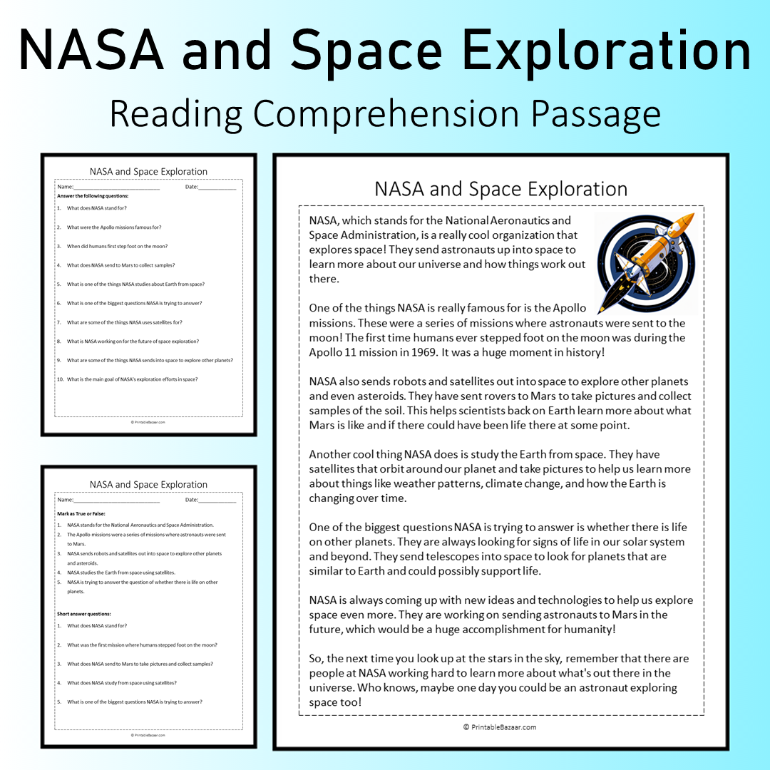 NASA and Space Exploration | Reading Comprehension Passage Printable Worksheet