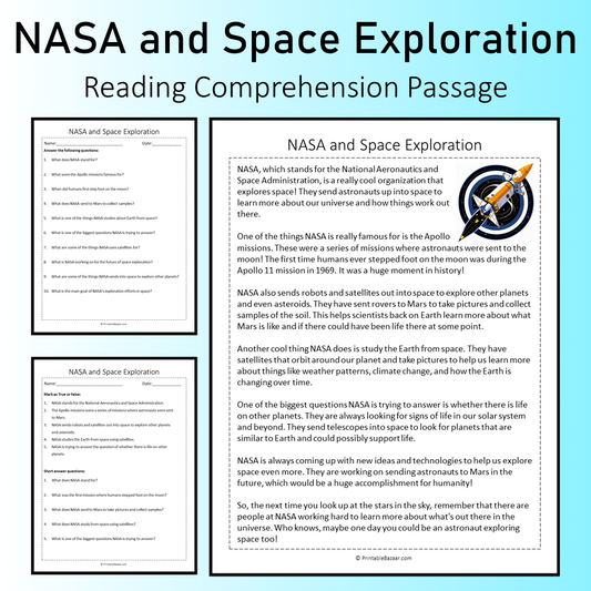 NASA and Space Exploration | Reading Comprehension Passage Printable Worksheet