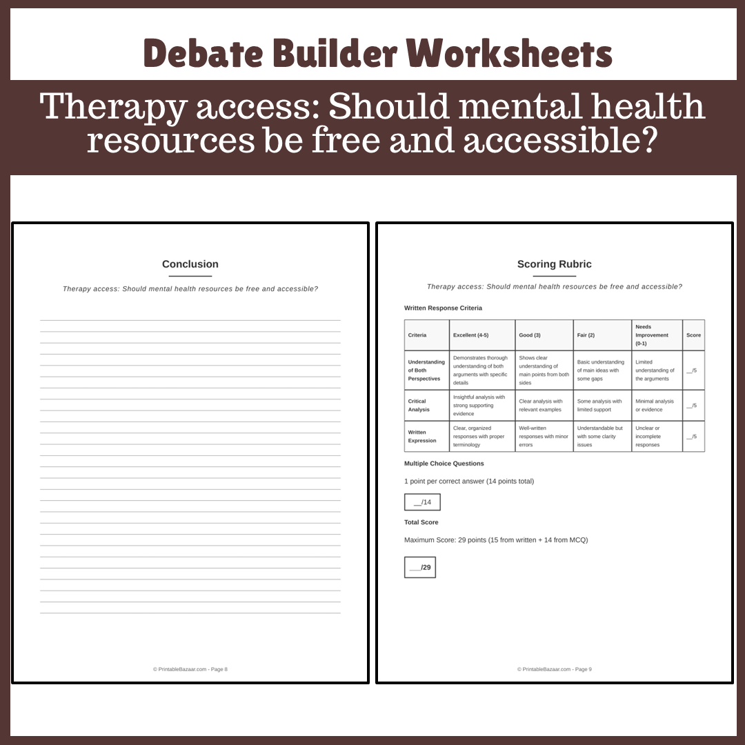 Therapy access: Should mental health resources be free and accessible? | Favour and Against Worksheet Printable Activity