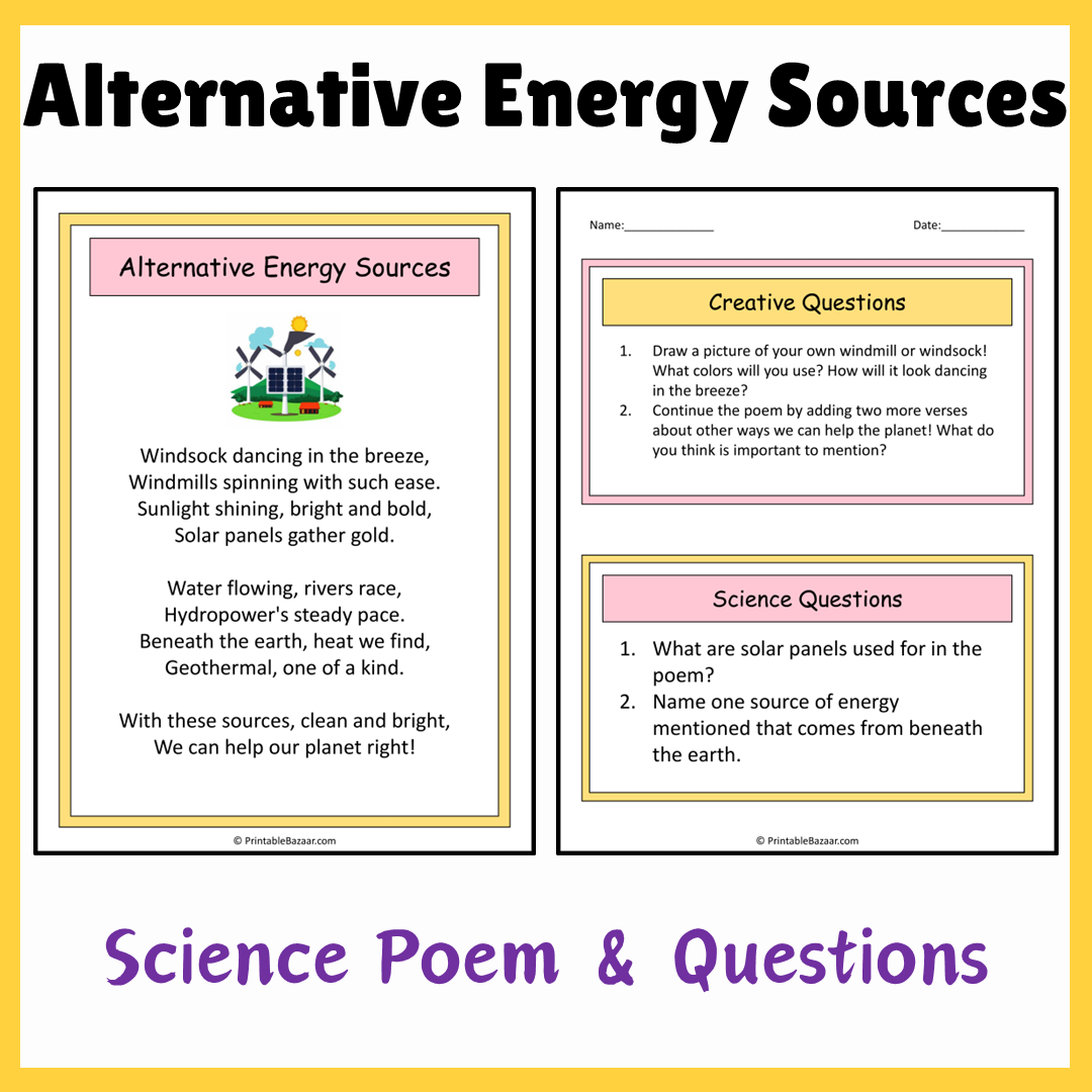 Alternative Energy Sources | Science Poem Reading Comprehension Activity