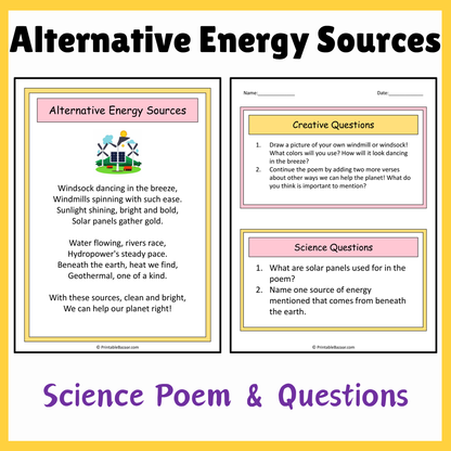 Alternative Energy Sources | Science Poem Reading Comprehension Activity