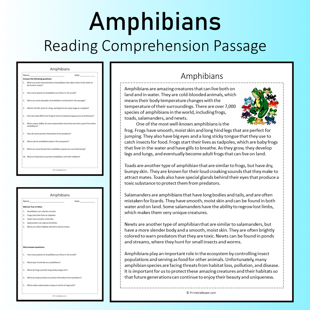Amphibians | Reading Comprehension Passage Printable Worksheet