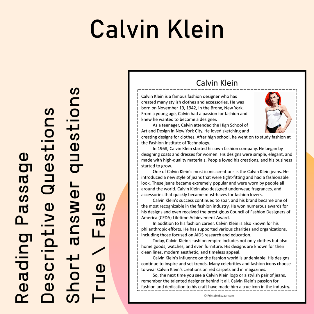 Calvin Klein | Reading Comprehension Passage Printable Activity