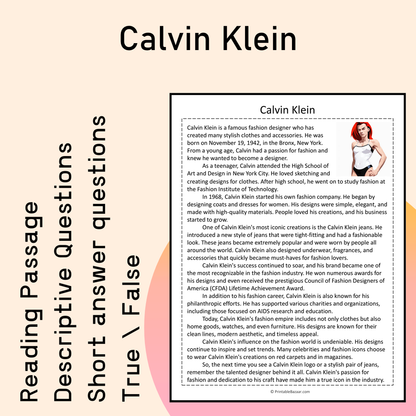 Calvin Klein | Reading Comprehension Passage Printable Activity