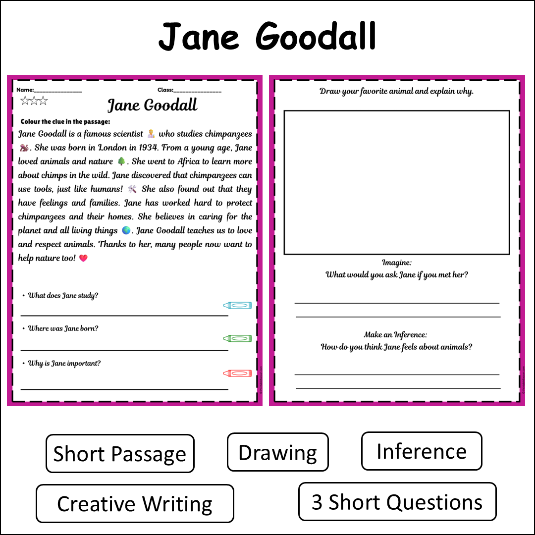 Jane Goodall | Short Reading Comprehension Creative Worksheet