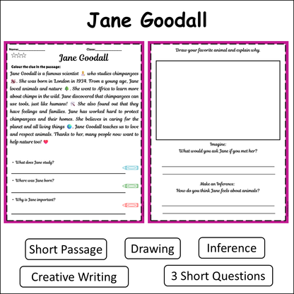 Jane Goodall | Short Reading Comprehension Creative Worksheet