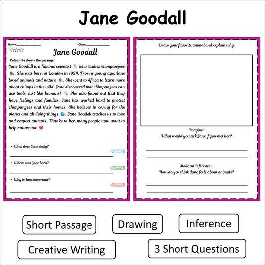 Jane Goodall | Short Reading Comprehension Creative Worksheet