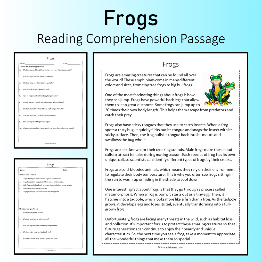 Frogs | Reading Comprehension Passage Printable Worksheet