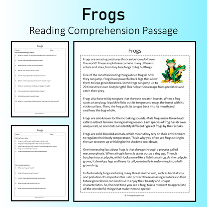 Frogs | Reading Comprehension Passage Printable Worksheet