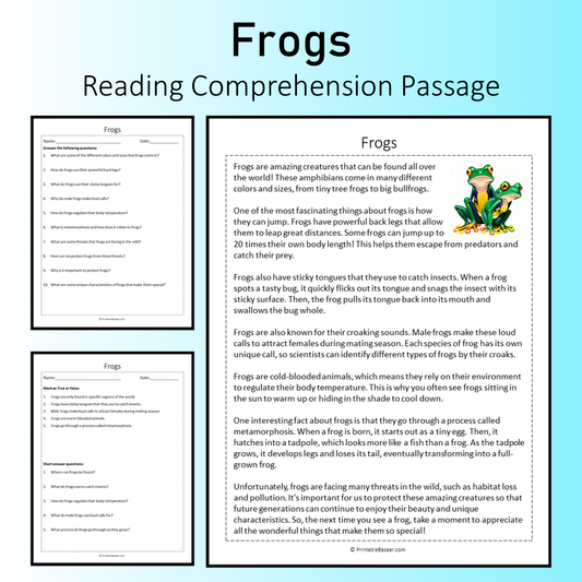 Frogs | Reading Comprehension Passage Printable Worksheet