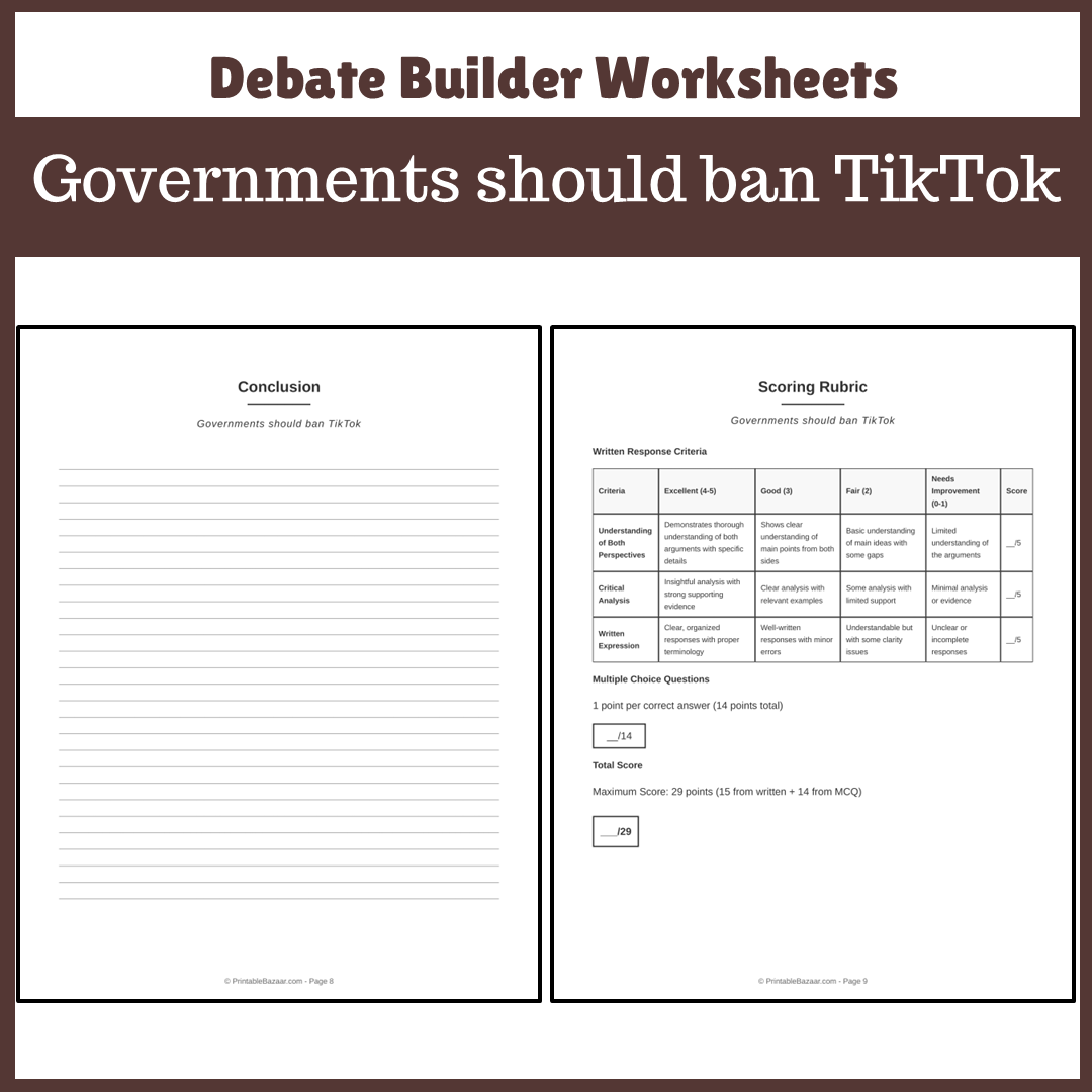 Governments should ban TikTok | Favour and Against Worksheet Printable Activity