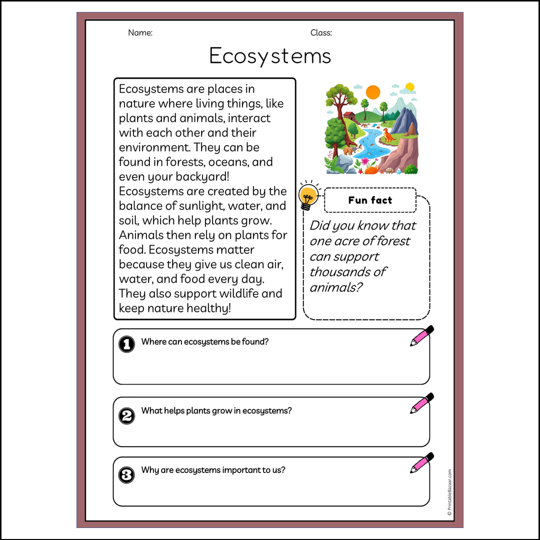 Ecosystems | Reading Passage Comprehension Questions Writing Facts Worksheet