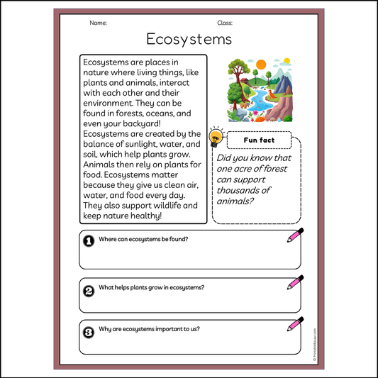 Ecosystems | Reading Passage Comprehension Questions Writing Facts Worksheet