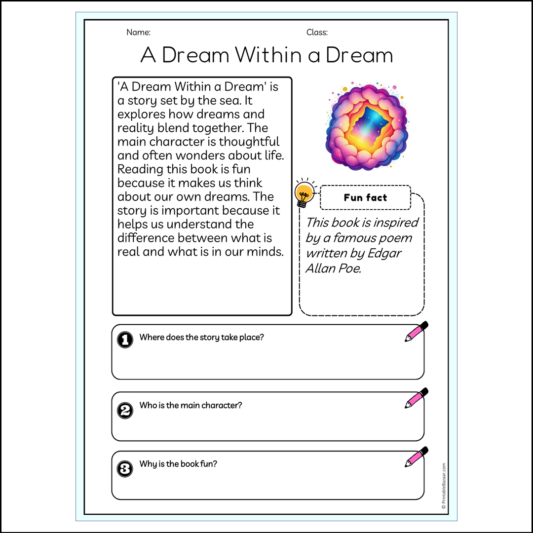 A Dream Within a Dream | Reading Passage Comprehension Questions Writing Facts Worksheet