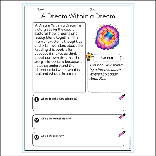 A Dream Within a Dream | Reading Passage Comprehension Questions Writing Facts Worksheet