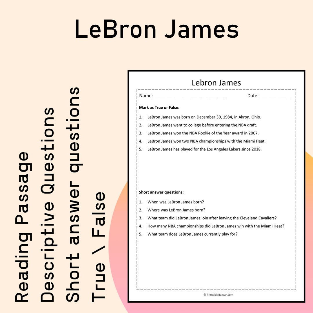 LeBron James | Reading Comprehension Passage Printable Activity