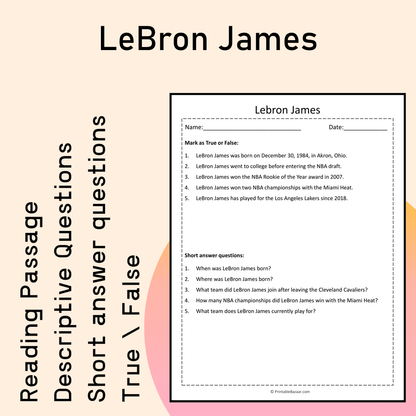 LeBron James | Reading Comprehension Passage Printable Activity