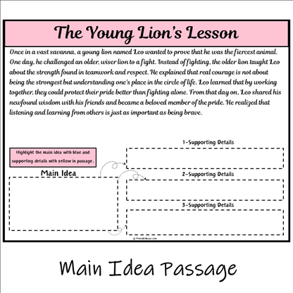 The Young Lion’s Lesson | Main Idea and Supporting Details Reading Passage and Questions