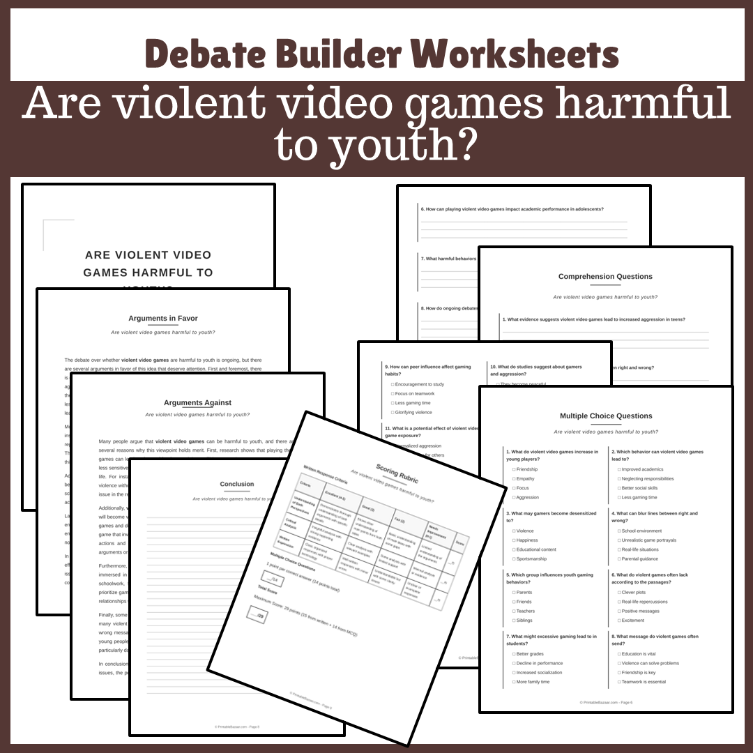 Are violent video games harmful to youth? | Favour and Against Worksheet Printable Activity