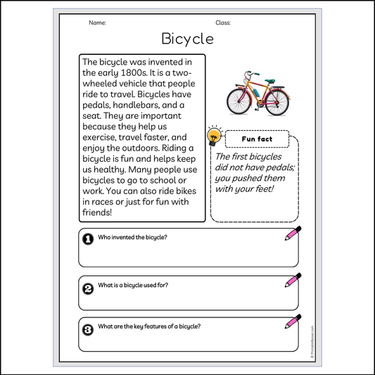 Bicycle | Reading Passage Comprehension Questions Writing Facts Worksheet