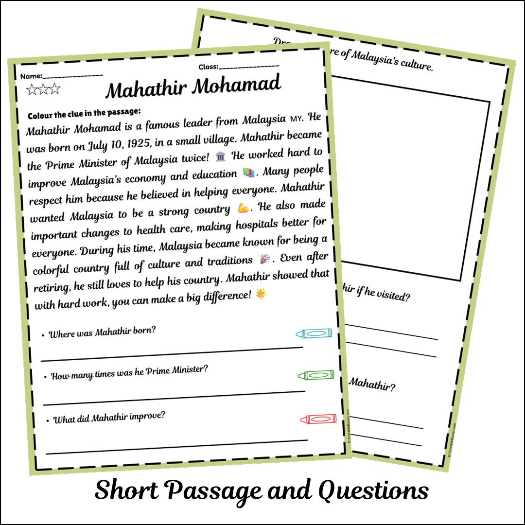 Mahathir Mohamad | Short Reading Comprehension Creative Worksheet